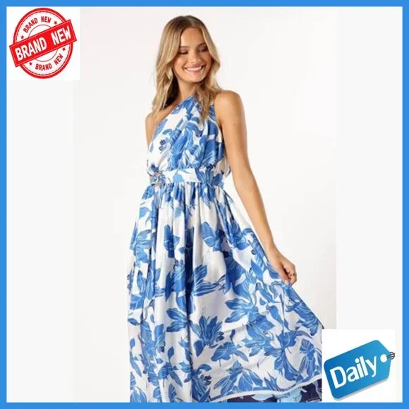 One Shoulder Midi Dress with Elastic Waist, A-Line Silhouette, Polyester